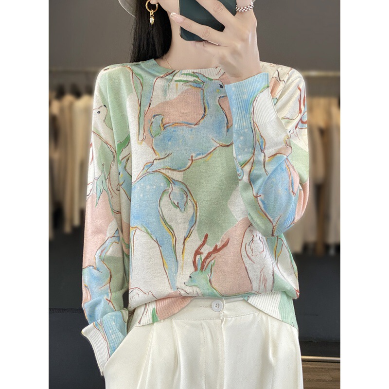 Manufacturer Wholesale 120 Count Ultra-fine Water-soluble Worsted Wool Knitwear Women's Fashion Loose Bottoming Shirt Printed Shirt