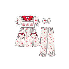 跨境儿童翻领荷叶边爱心口袋男女孩睡衣套装XO樱桃you❤️me印花