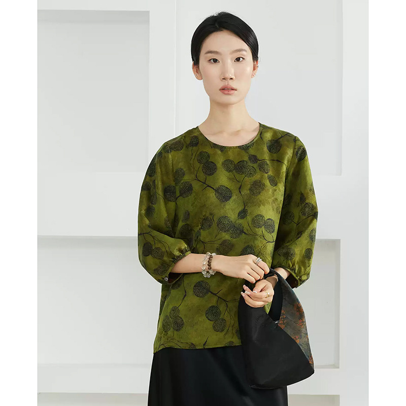 100% Mulberry Silk Fragrant Cloud Yarn Floral Red Cloud Yarn Silk Round Neck Loose Top for Women with Lantern Sleeves, New Chinese Style