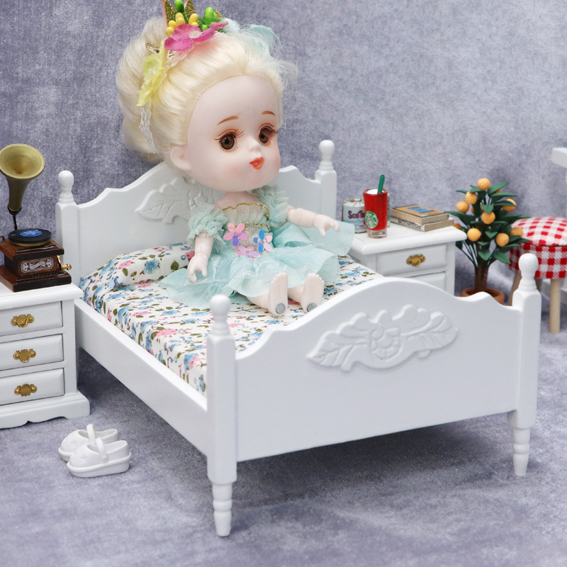1:12 doll house dollhouse mini furniture bedroom scene wooden European Classic double bed 4 colors optional