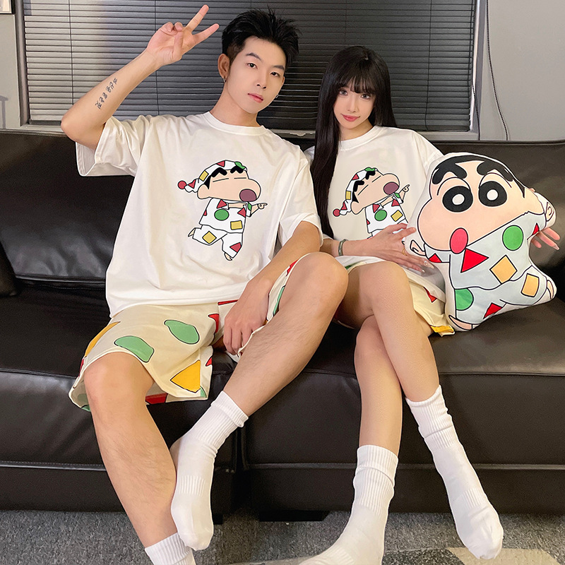 Lápiz japonés pequeño nuevo pijama de pareja mujer algodón de verano manga corta dibujos animados lindos hombres ropa de casa set de verano