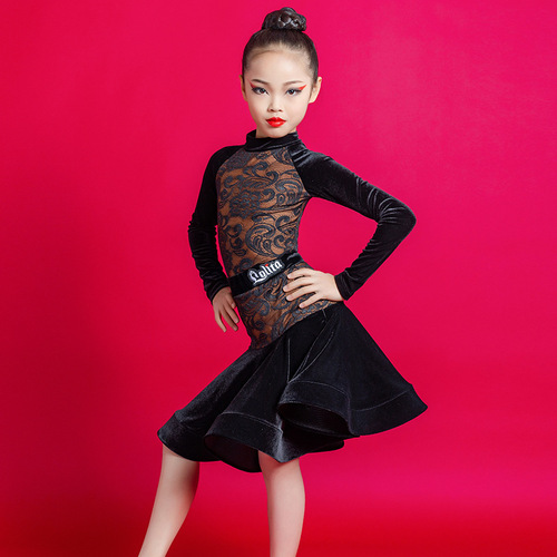 Black lace long sleeves Latin dance dresses children's  girls latin rumba ballroom dance dresses kids latin performance suit