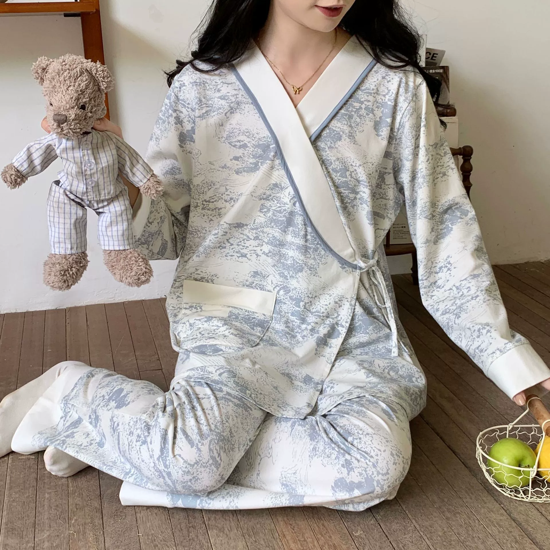 [Спот 8888] Одежда для родов Хлопчатобумажное кимоно пижамы летнее и осеннее платье для беременных кормящих женщин