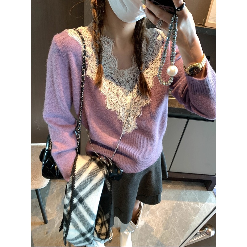 Mochi Gentle Muse French Eyelash Lace Patchwork V Neck Loose Slim Sweater Mq0992