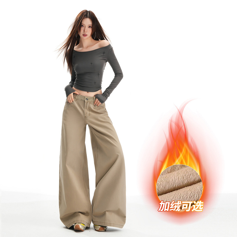 American Retro Casual Wide-Leg Jeans for Women, Fleece-Lined, Thick, Drapey, Floor-Length, High-Waisted, Slimming, Straight-Leg Pants American Retro Casual Wide-Leg Jeans for Women, Fleece-Lined, Thick, Drapey, Floor-Length, High-Waisted, Slimming, Straight-Leg Pants