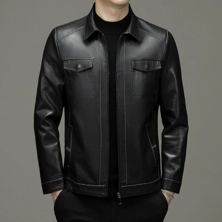 Demi-season thin warm jacket, genuine leather