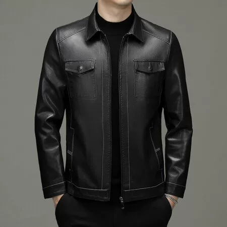 Demi-season thin warm jacket, genuine leather