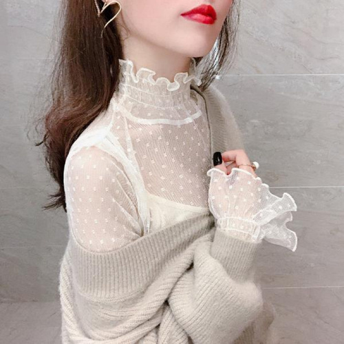 Lace Camisole Top for Women - Autumn/Winter New Style, Stylish Innerwear, Fairy Bellsleeve, Semi-High Collar, Polka Dot Net Dress Shirt