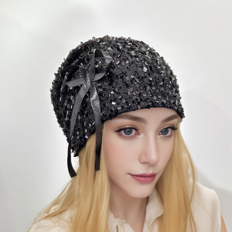Y2k hot girl niche designer bow sequined cold hat women's pile hat…