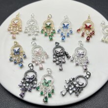 保色14k包金镶锆复古蝴蝶流苏项链轻奢满钻吊坠跨境批发锁骨链