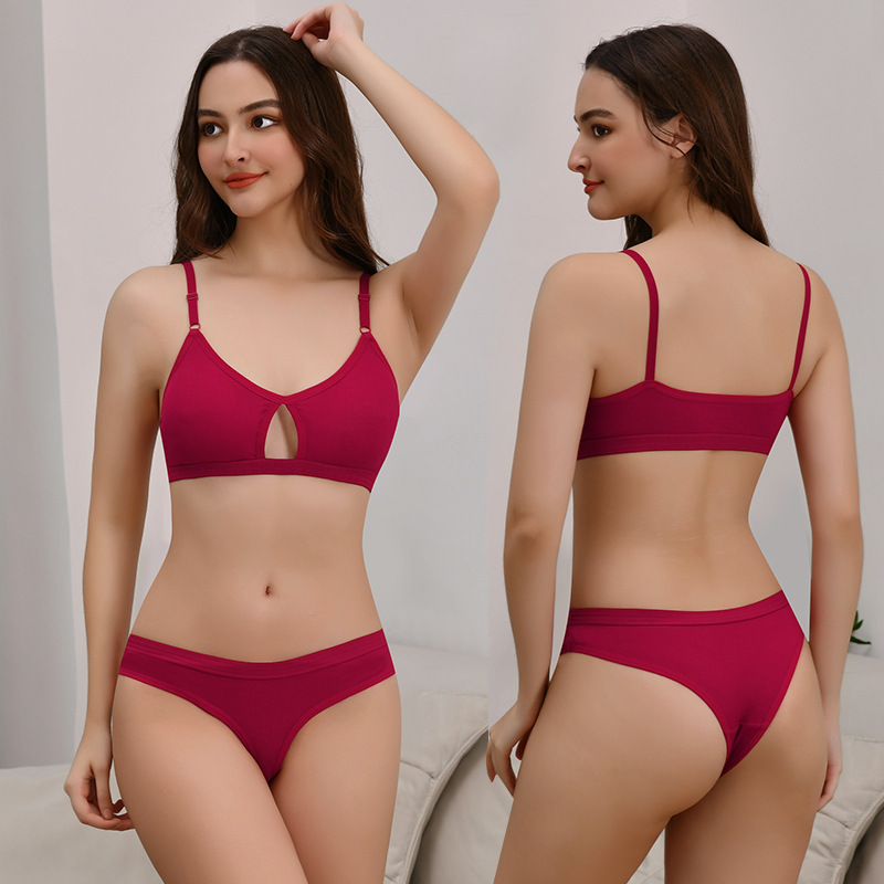 Cross-border European and American thong backless sports bra set for women, ribbed hollowed-out push-up sexy French-style bra set Cross-border European and American thong backless sports bra set for women, ribbed hollowed-out push-up sexy French-style bra set