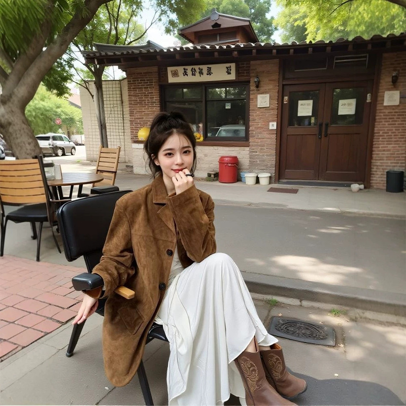 Melard vintage suede blazer, women's new spring/autumn collection, stylish and elegant, suitable for petite figures, brown leather jacket