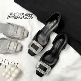 增高6cm雪花水钻扣浅口单鞋女2025夏季新款法式透气中空缎面凉鞋