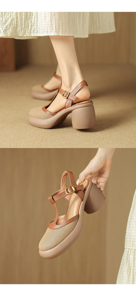Sandal nữ da cừu đục lỗ bít mũi quai chữ T khóa cài đế dày gót cao — Màu đen chi tiết 13
