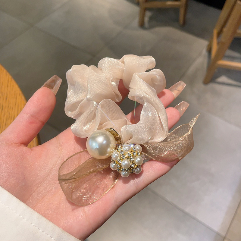 Pearl Mesh Bow Tie For Women, Elegant Stylish Bun Accessory, Elastic Band, Trendy And High-end Hair Accessory_voghion.com