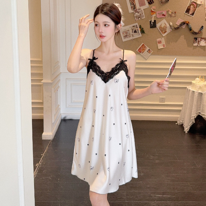 2025 verano hielo y nieve pijama de seda chica pura libido de viento esling arco de encaje impresión pijama ropa de hogar sexy