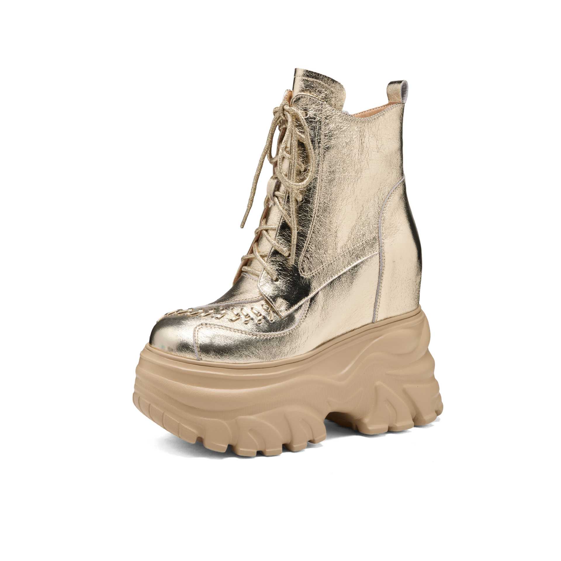 Giày boot Martin đế dày 14 cm phong cách phương Tây, nhẹ nhàng sang trọng — Lớp lót nhung đen