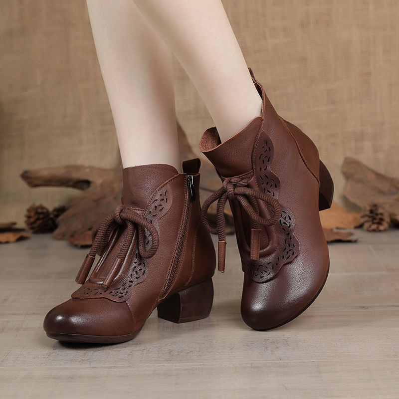 Autumn Genuine Soft Leather Ethnic Style Retro Mother's Short Boots Women's Round Toe Medium Heel Non-Slip Soft Sole Middle-Aged and Elderly Short Boots Women's Shoes