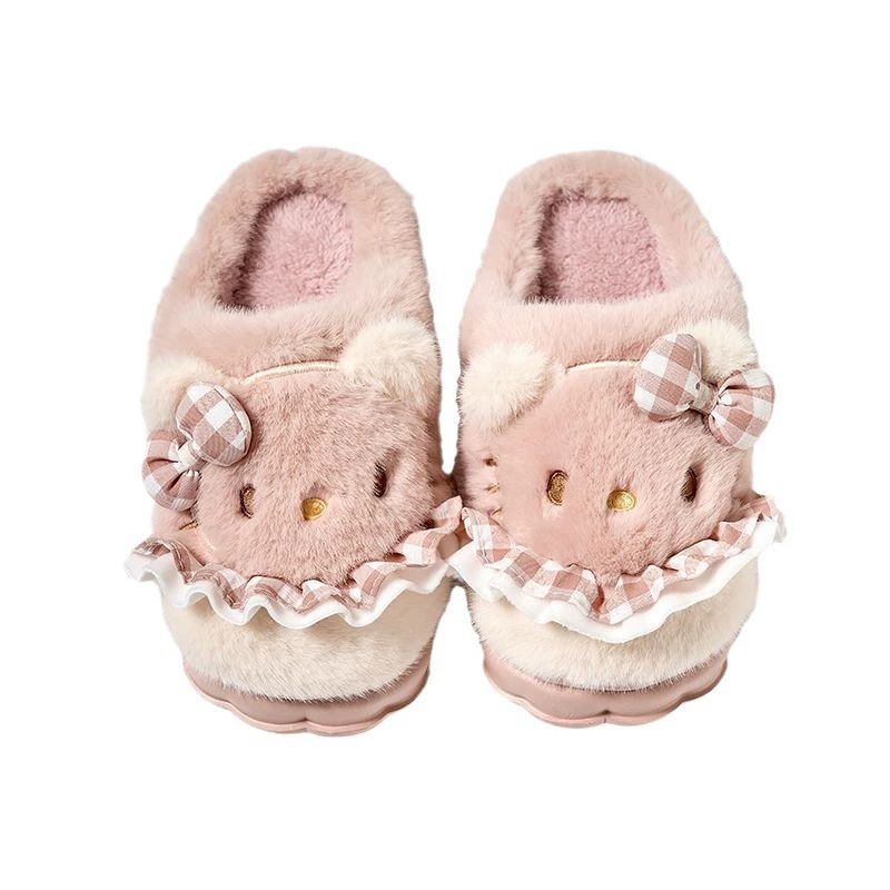 Hello Kitty, мультяшные тапочки, зимняя нескользящая теплая обувь на платформе