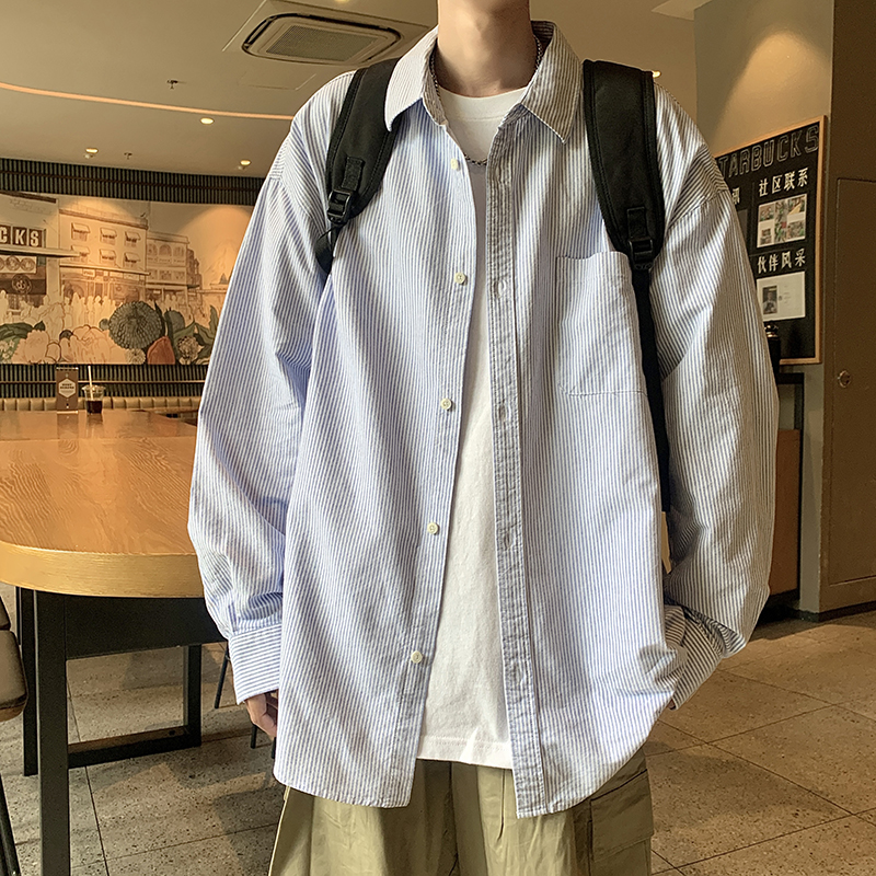 Long-Sleeved Stripesd Shirt Men's Summer High Street Fashion Brand Loose Shirt Retro Cityboy Handsome Couple Jacket