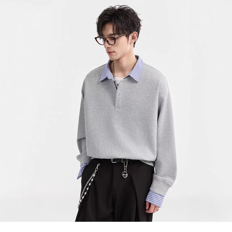 Fake Two-Piece Polo Shirt Sweatshirt Men's American Heavy Henry Collar Long-Sleeved T-Shirt Design High-End Handsome Jacket