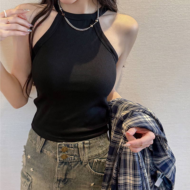 엄선된 블랙 모달 스레드 홀터넥 캐미솔 여성용 퓨어 러시 스타일 올인원 탑(가슴 패드 포함)