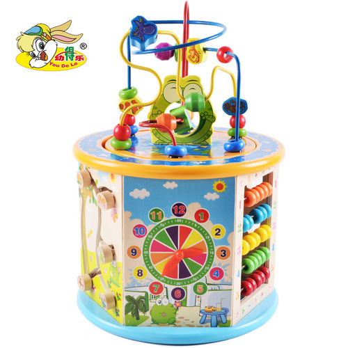 Children's wooden six-sided multi-functional educational large bead treasure box infant and toddler early education intelligence development parent-child toy