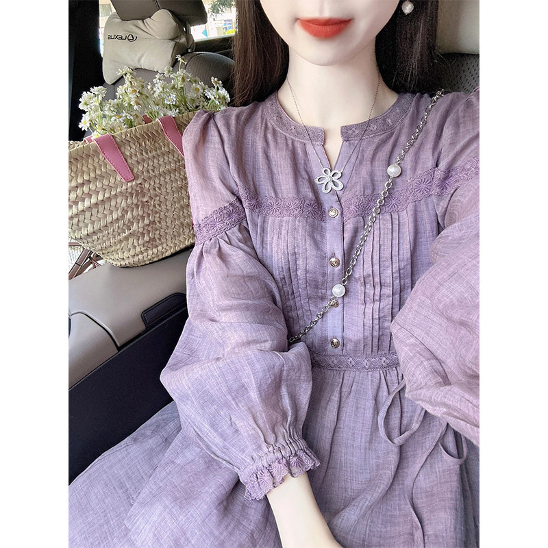 Purple Dress for Women, Spring 2026 New French Retro Style, Heavy Craftsmanship, Round Neck, Long Sleeves, Super Stylish Shirt-Style Long Dress