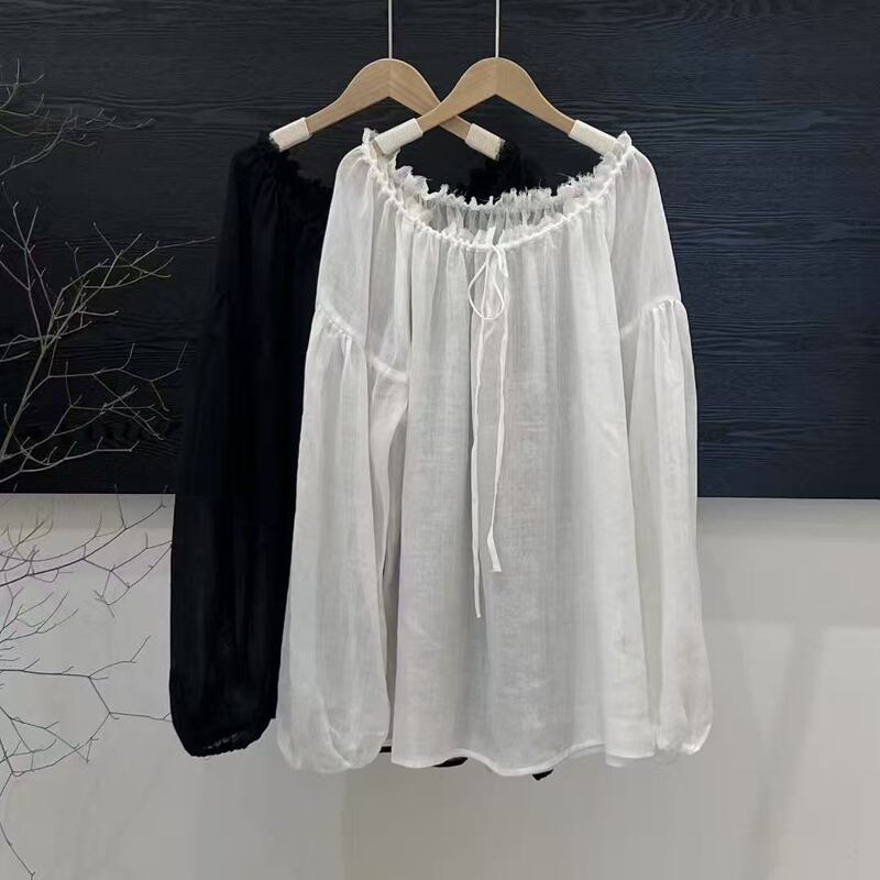 2026 Early Spring Off-The-Shoulder Puff Sleeve Lace Collar Sweet Versatile Tie-Up Breathable Ramie Long-Sleeve Shirt for Women