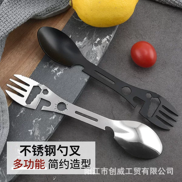 Multi-functional Camping Stainless Steel Spoon Fork Portable Thickened Large Outdoor Tableware suit One Bottle Opener