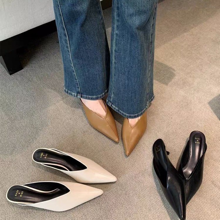 2025 Winter New Pointed Toe Half-Slipper Thin Heel Solid Color French Style Versatile Elegant Slip-On Shoes_vogvips.com