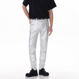 Men's Trendy Silver Striped Leather Pants Slim Fit Comfortable Street Style Pu Leather Pants