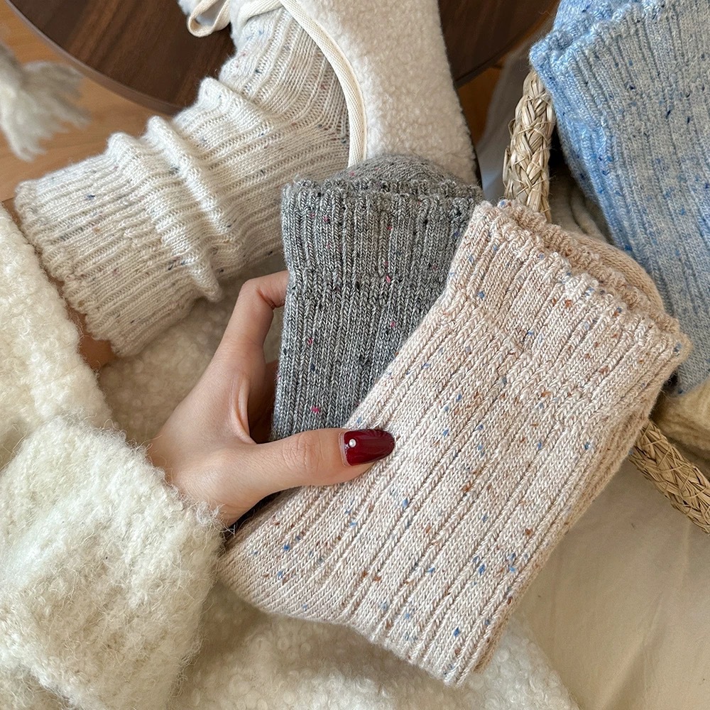 羊絨襪子女中筒襪秋冬款加厚加絨保暖羊毛花邊點子紗冬天長堆堆襪