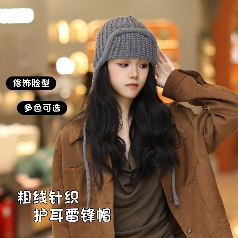 可爱辫子帽子女秋冬季大头围保暖手工编织护耳针织毛线帽雷锋线帽|undefined
