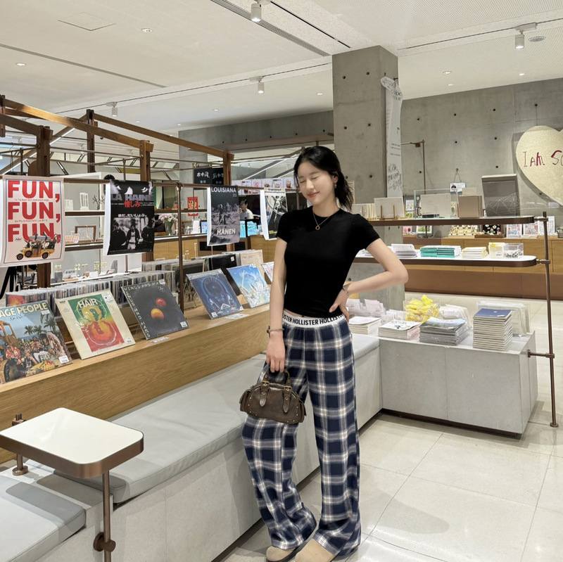 H Brand Woven Letter Small Seagull Plaid Pants Drapey Wide-Leg Plaid Pants High-Waisted Loose Casual Versatile Long Pants