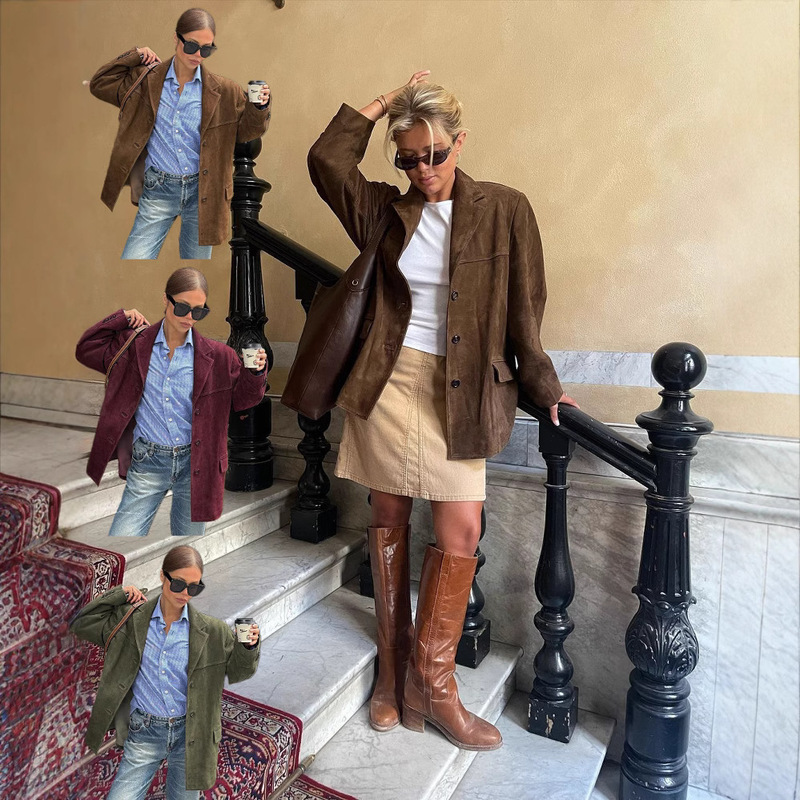 Autumn and Winter 2024 Amazon TK Explosions Ankora Red Suede Retro Loose Lapel Suit Jacket HY132