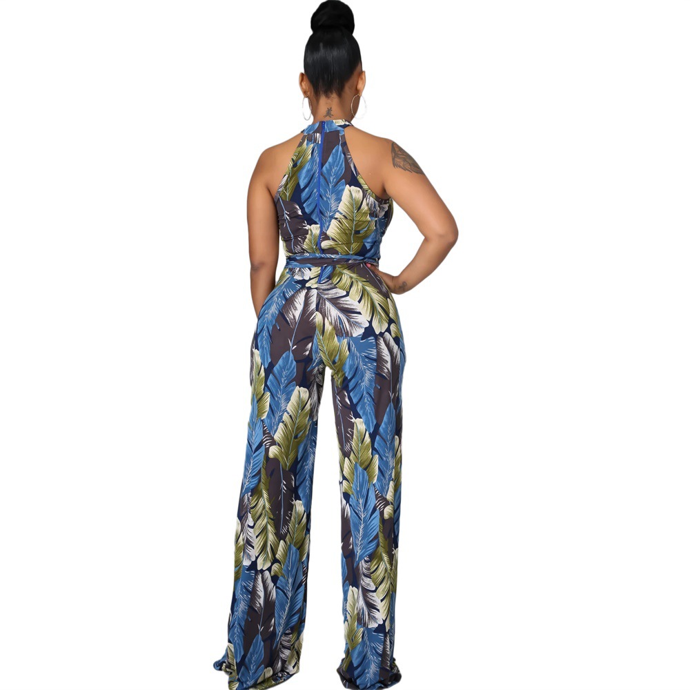 printing sleeveless slim lace-up jumpsuit NSXLY119209