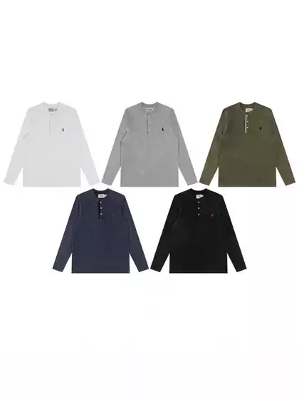 RL Vintage Washed Heavyweight Brushed Henley Long Sleeve T-Shirt Thin Sweatshirt