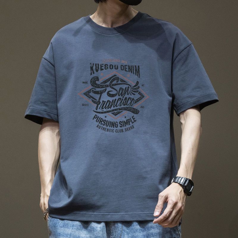 Camiseta de moda nacional blanca manga corta de los hombres media manga suelta impresa retro cuello redondo carta más tamaño americano pesado ins