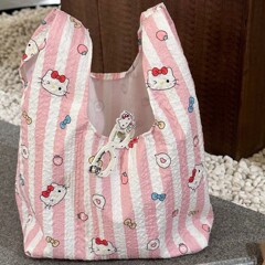 2025新品漫画キティプリントハンドバッグかわいいキャンバスお弁当大容量通勤ポータブル手首バッグ