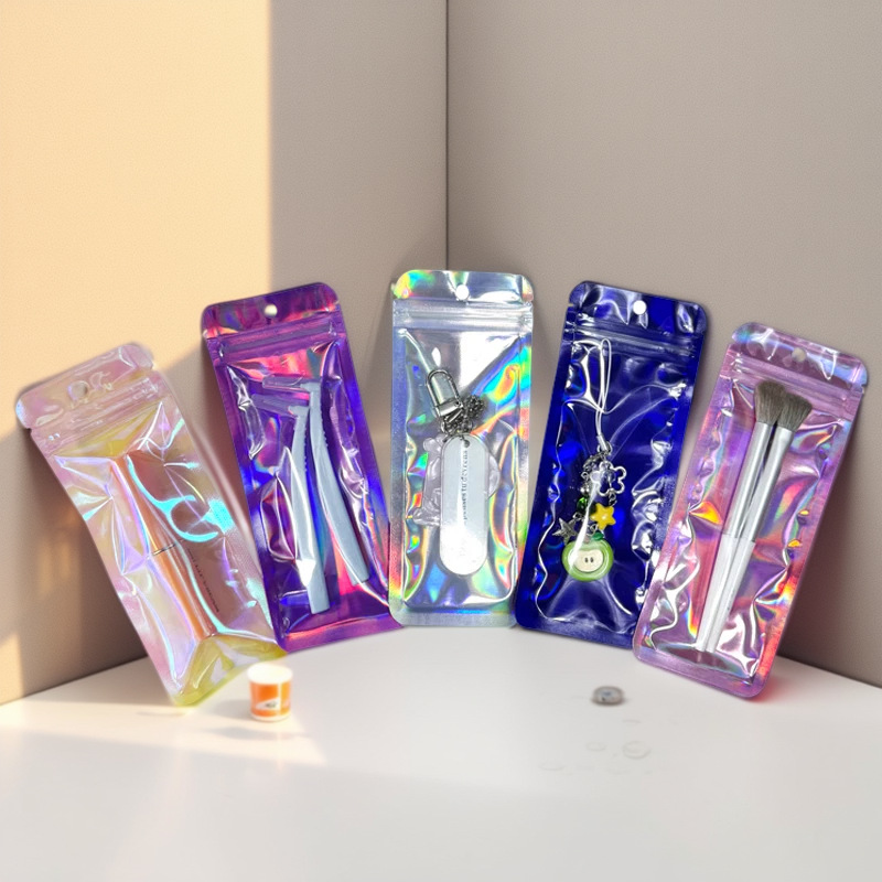 Bolso sellado de tira larga con orificio colgante, bolsa sellada hermética de yin y yang translúcida con láser grueso, cable de datos de joyería, bolsa de embalaje de cepillo de maquillaje