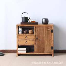 新中式老榆木茶水柜客厅落地烧水柜实木民宿餐边柜带抽屉玄关柜