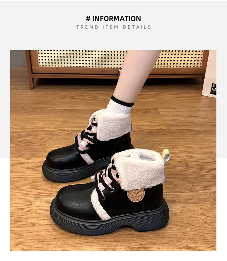 Women's Plush Leather Ankle Boots Academy Style Thick Sole Shoes_voghion.com