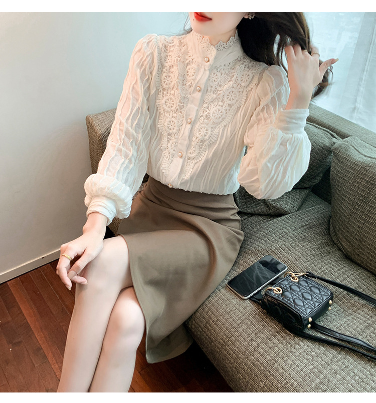 2022 Autumn/Winter new style fleece high-neck lace shirt chiffon shirt top, elegant base layer, fairy pic 16