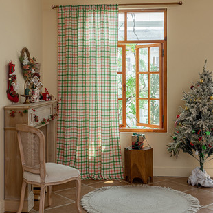 Le Xuan Show Nordic New Ins Style Red and Green Line Plaid Non-perforated Semi-shading Balcony Bedroom Floating Curtain