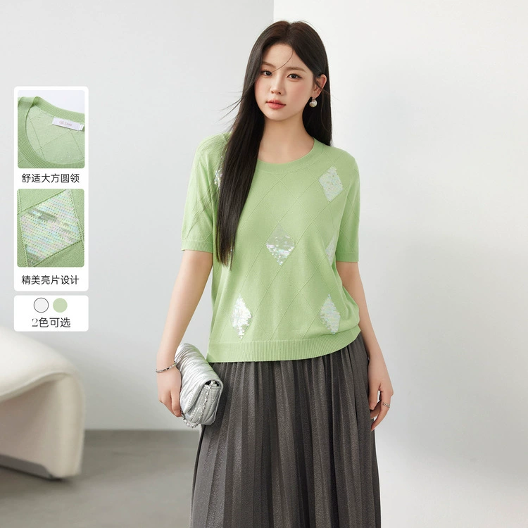 Блестящий и красивый большой размер женской одежды корейского дезацианного темперамента дикий изысканный трикотаж с блестками жирный mm2024 летняя одежда новый