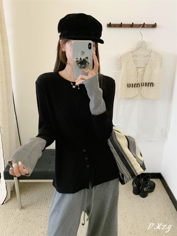 009 秋季新款慵懒风坑条纯色上衣薄棉长袖撞色打底衫女士弹力T恤|undefined