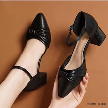 名牌真皮高档夏季女鞋包头高跟凉鞋女2025新款中跟粗跟气质单鞋