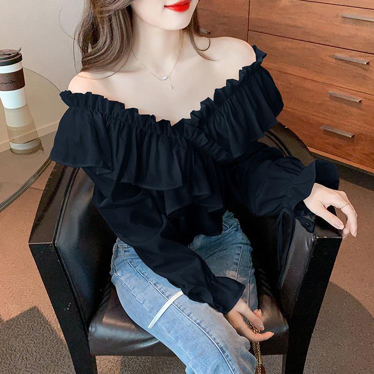 Bell sleeve top women's new French ruffled shirt design sense niche sweet slimming all-match small shirt Bell sleeve top women's new French ruffled shirt design sense niche sweet slimming all-match small shirt