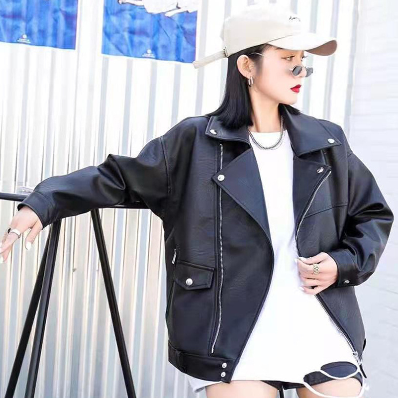 2025 Spring New Retro Cocoon-Shaped Silhouette Motorcycle Bf Style Leather Pu Jacket Oversize Loose Jacket